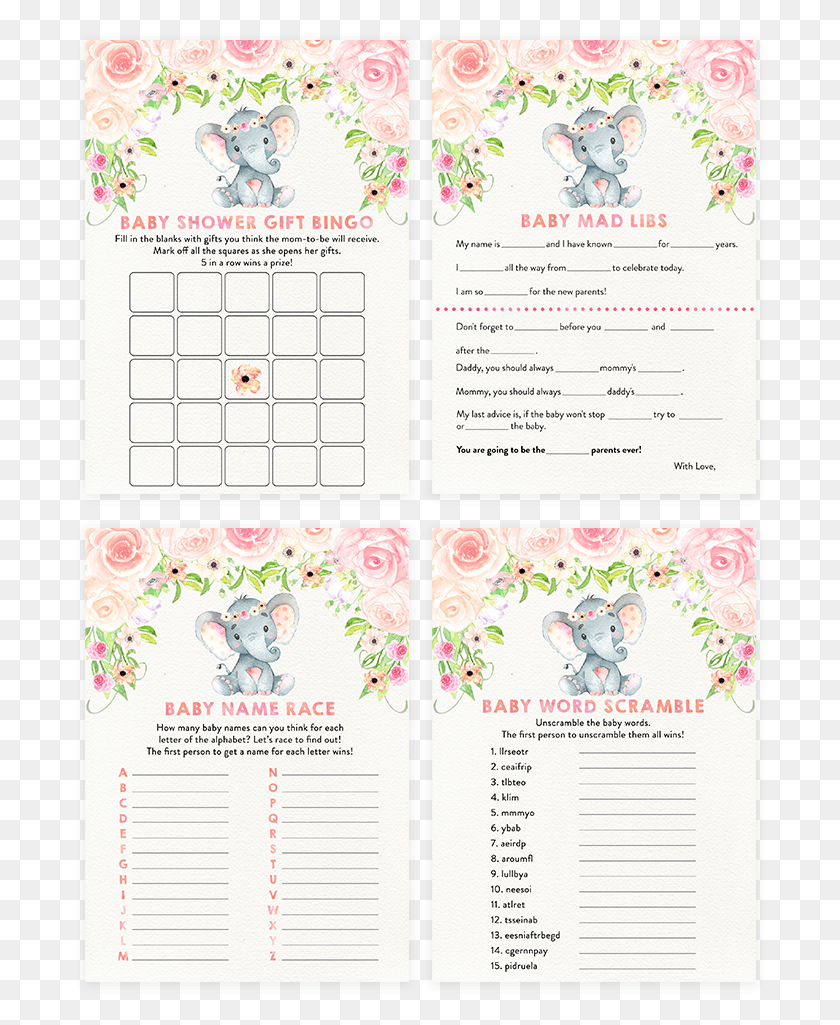 694x965 Blush Pink Floral Elephant Baby Shower Game Pack Baby Shower Would She Rather, Text, Advertisement HD PNG Download