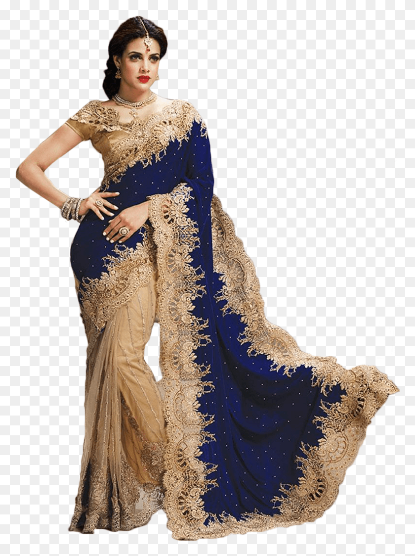 792x1081 Bollywood Style Model Velvet And Net Saree In Blue Fashion Saree, Clothing, Apparel, Evening Dress HD PNG Download