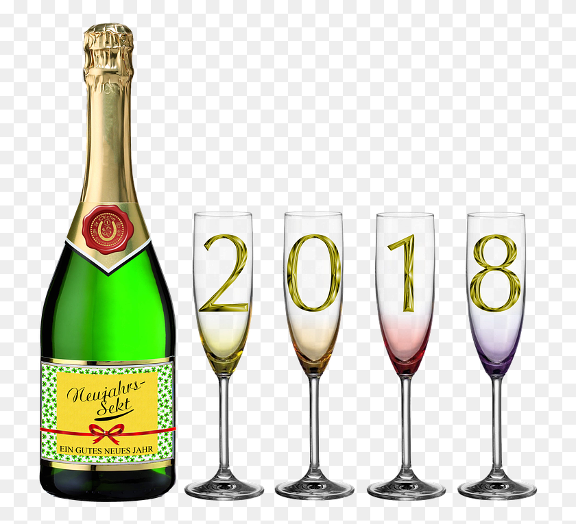 732x705 Bottle Of Sparkling Wine Champagne Glasses Happy New Year 2018, Alcohol, Beverage, Drink HD PNG Download