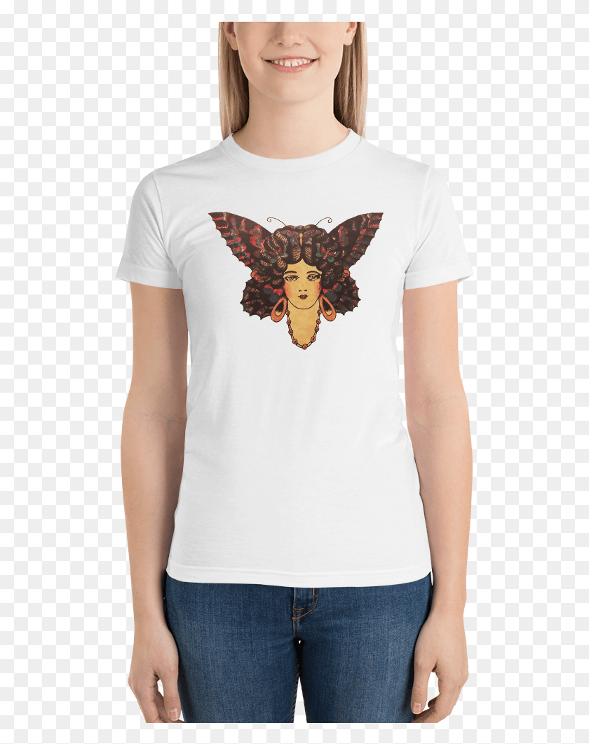 513x1001 Bowery Butterfly Tattoo Club Short Sleeve Women39s T Shirt Chanel T Shirt, Clothing, Apparel, Person HD PNG Download