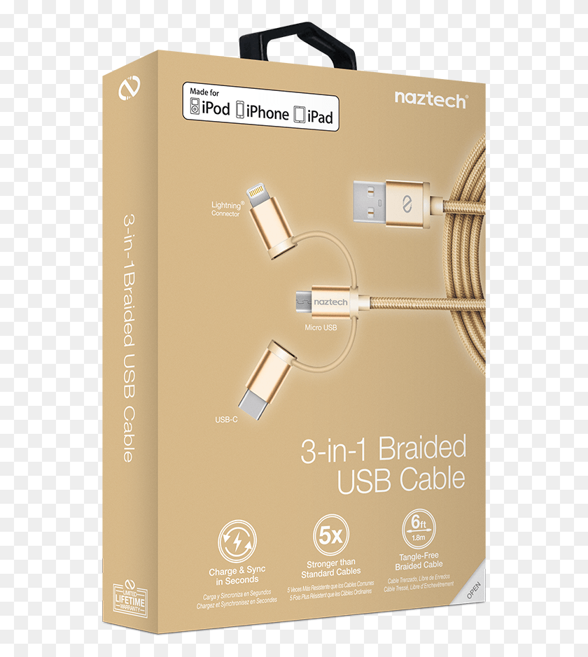 553x879 Braided 3 In 1 Hybrid Usb Cable Tier Img Unboxing Gold Kdc, Adapter, Electrical Device HD PNG Download