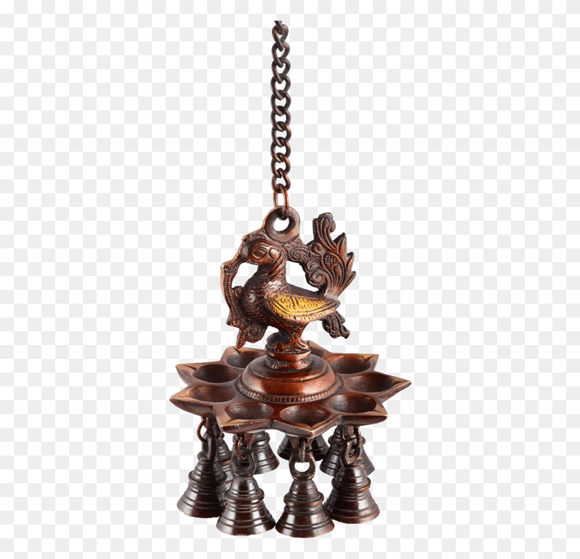500x750 Brass Hanging Peacock Diya With Bells Chain, Bronze, Tabletop, Furniture HD PNG Download