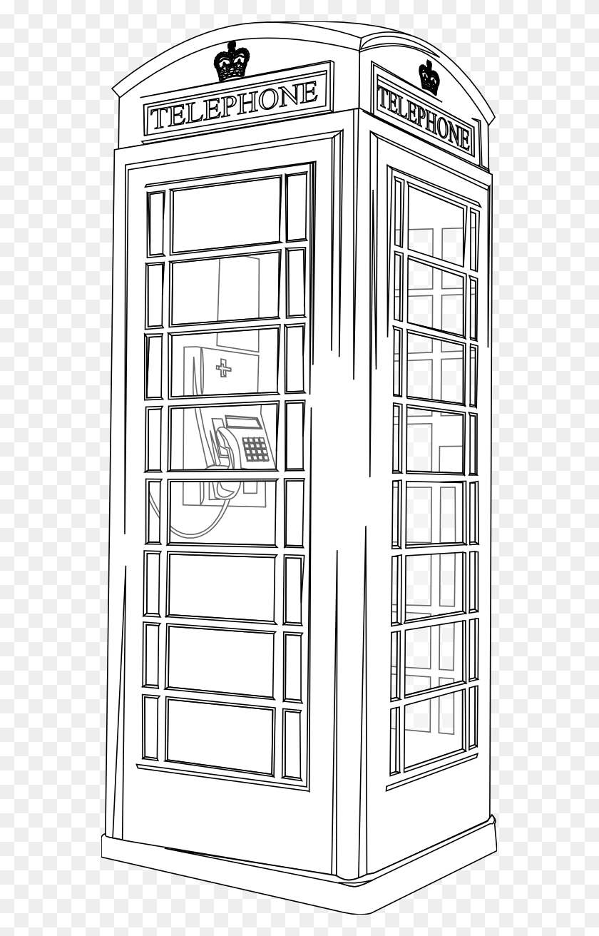 555x1252 British Phone Booth Black White Line Art 555px Draw London Telephone Box, Phone Booth HD PNG Download