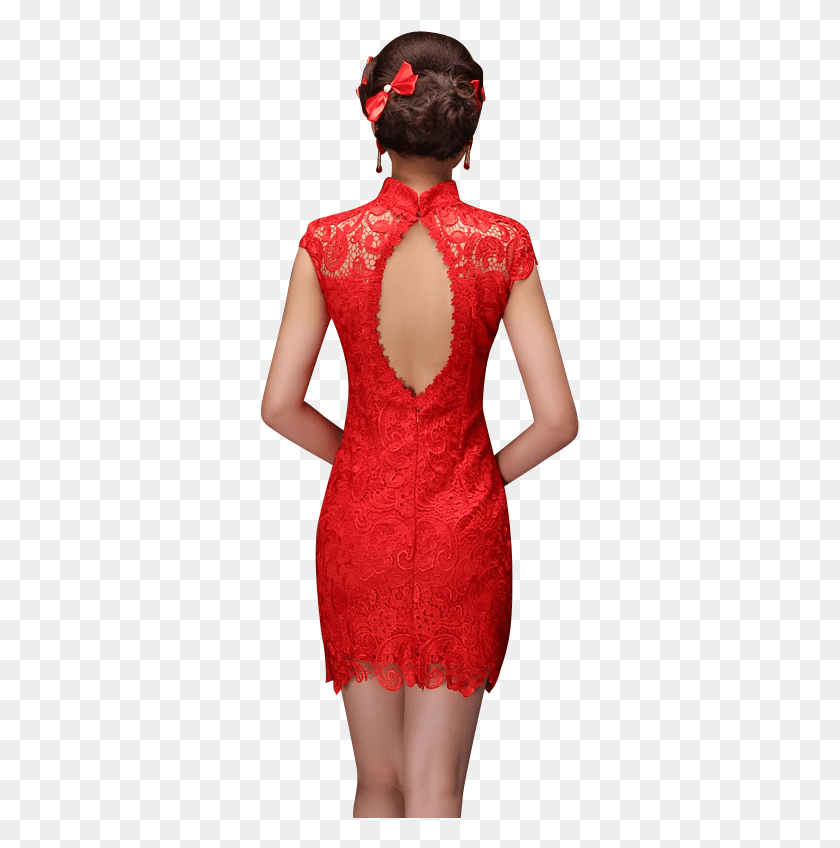 319x788 Bsjy 16268 Mandarin Collar Cap Sleeve Open Back Red Cocktail Dress, Clothing, Apparel, Person HD PNG Download