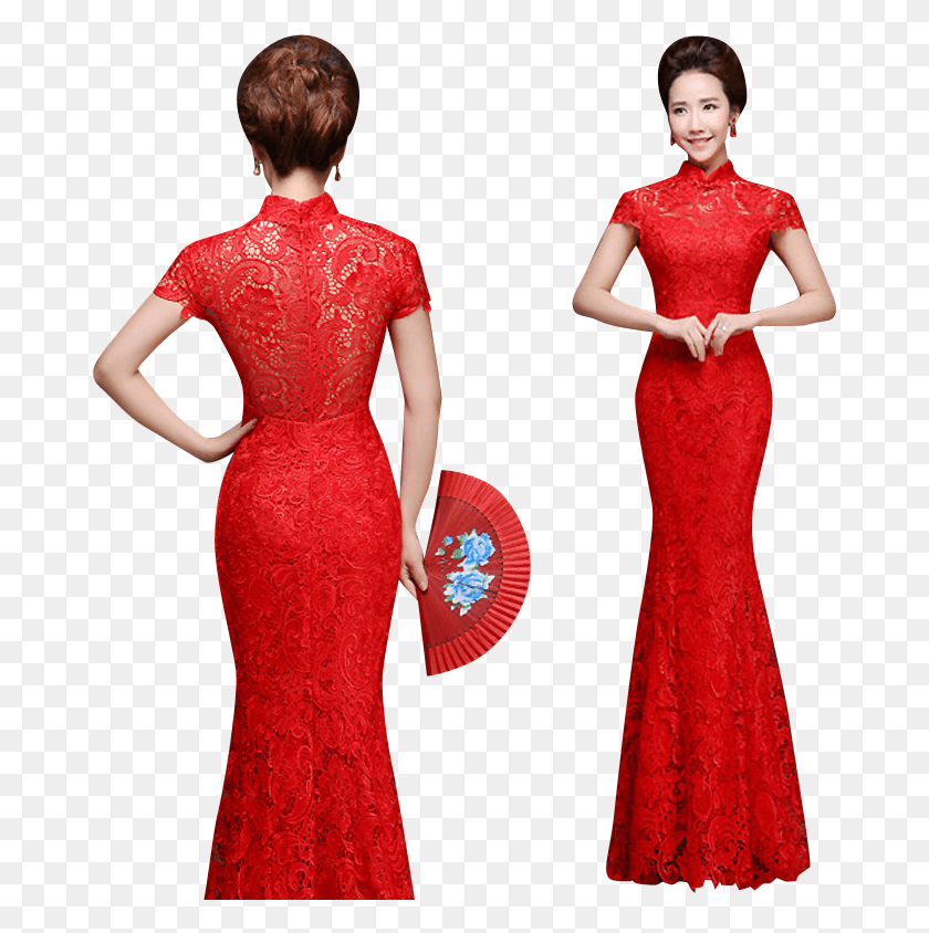 673x784 Bsjy 16278 Red Lace Mandarin Collar Mermaid Qipao Traditional Red Lace Mandarin Dress, Clothing, Apparel, Evening Dress HD PNG Download
