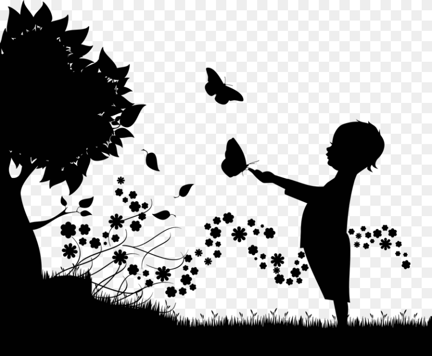 874x720 Butterfly Child Floral Flowers Kid Leaf Leaves Child Silhouette, Nature, Night, Outdoors, Astronomy PNG