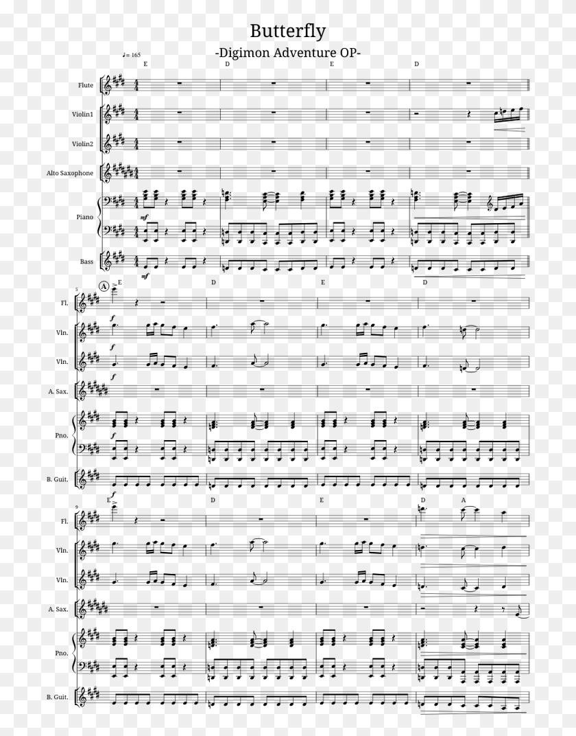 711x1012 Butterfly Digimon Adventure Op Sheet Music For Flute Butterfly Digimon Sheet Guitar, Gray, World Of Warcraft HD PNG Download