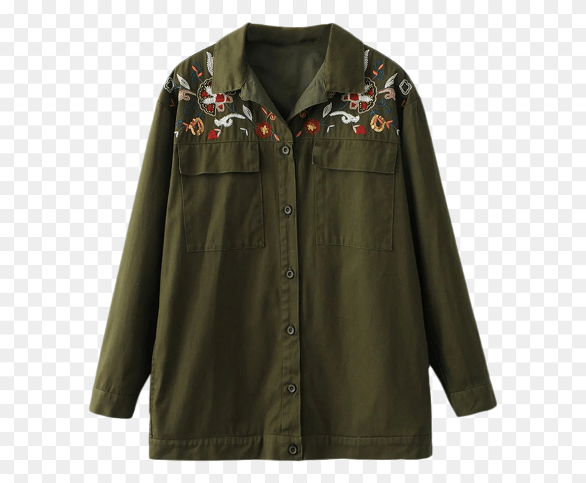 589x633 Button Up Embroidered Cargo Shirt Blouse, Clothing, Apparel, Coat Descargar Hd Png