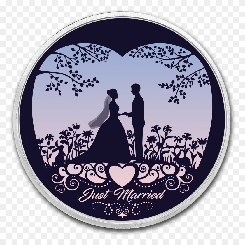 1449x1449 Buy 1 Oz Silver Colorized Round Just Married Silhouette Gambar Vektor Siluet Happy Wedding, Label, Text, Person Descargar Hd Png