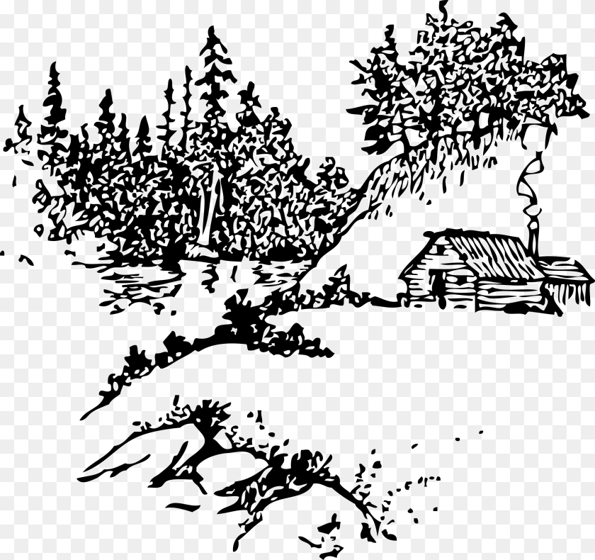 2400x2256 Cabin Along Stream Clip Arts Cabin In The Woods Outline, Gray PNG