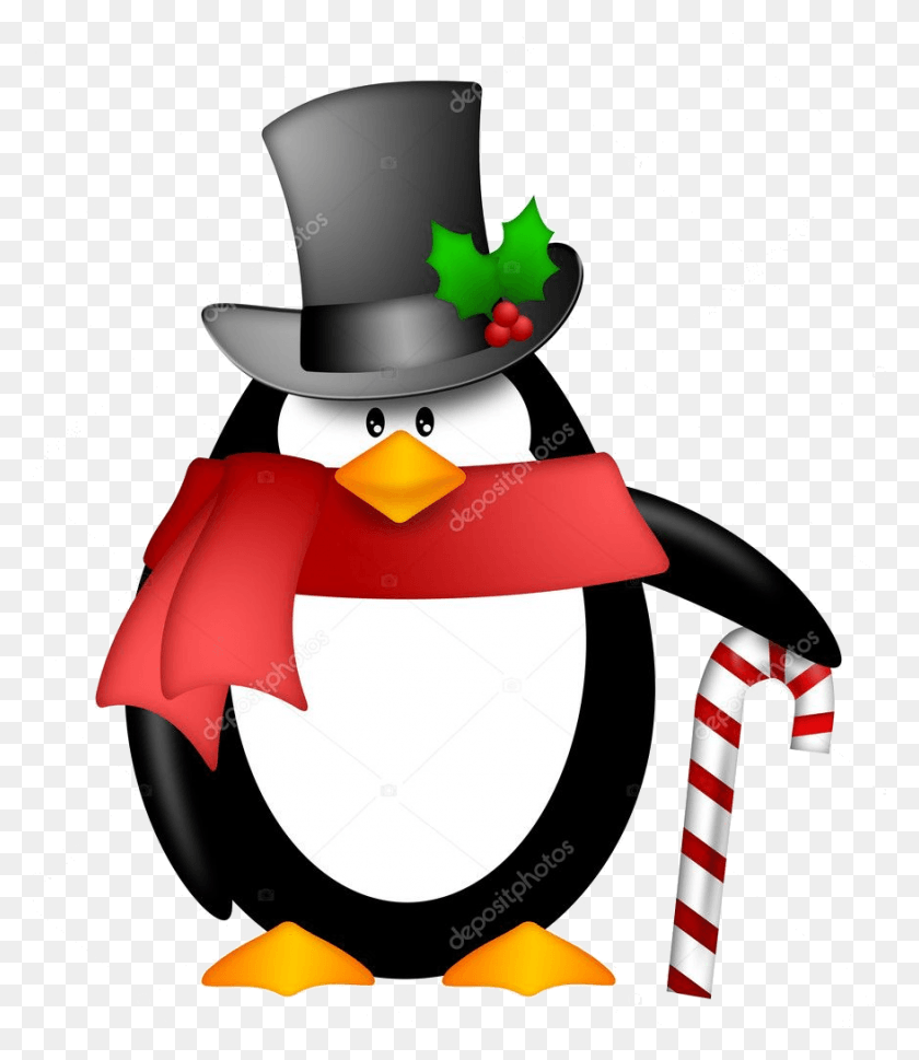 877x1023 Candy Cane Cute Cartoon Penguin With Top Hat Red Scarf Penguin With Candy Cane, Snowman, Winter, Snow HD PNG Download