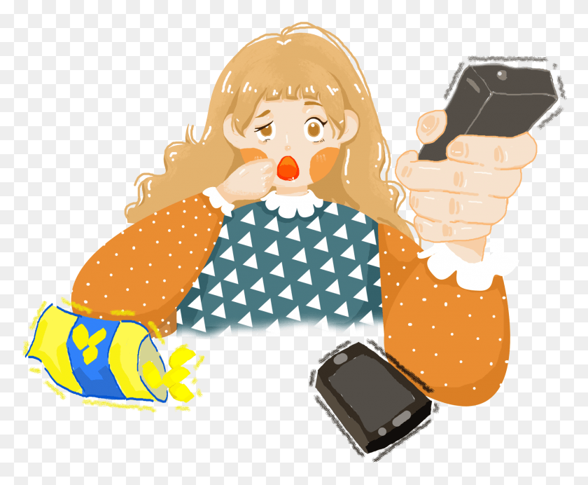 1804x1464 Cartoon Creative Girl Remote Control And Psd Illustration, Hand, Food, Finger HD PNG Download