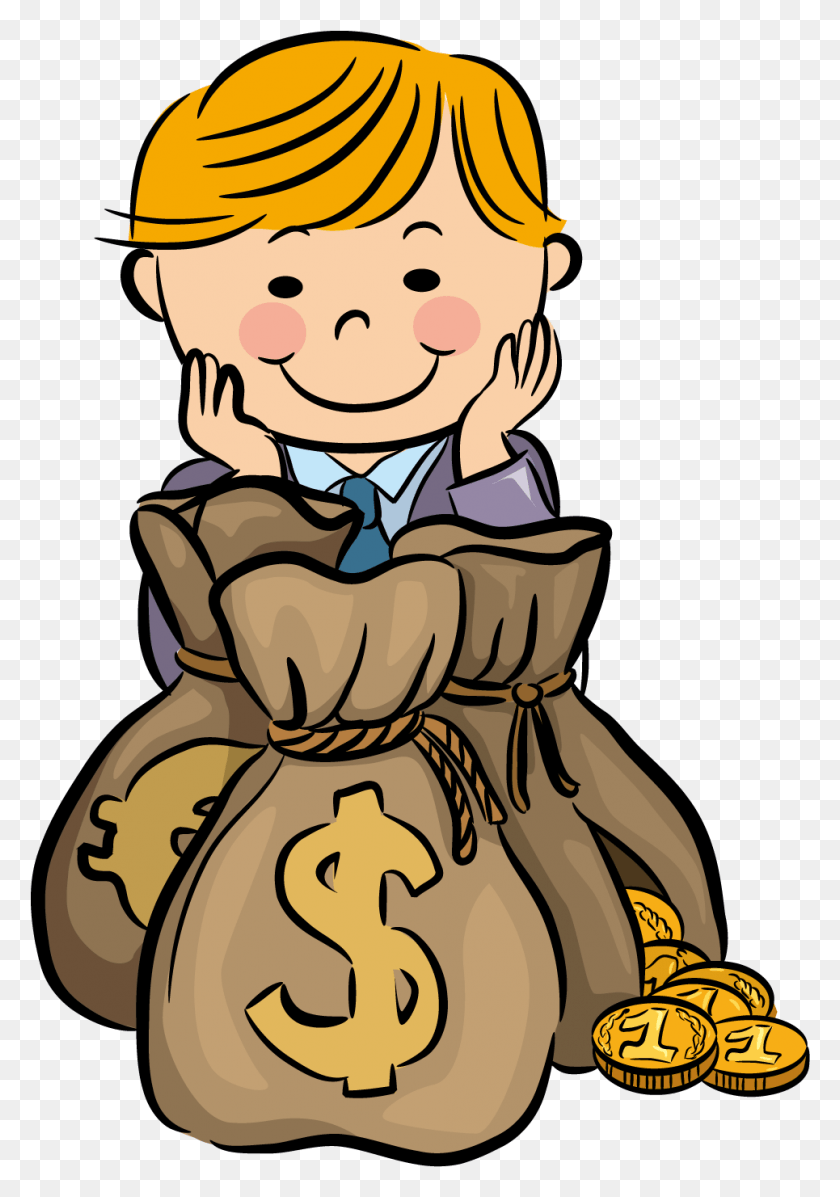 965x1407 Cartoon Money Bag Boy With Money Cartoon, Clothing, Apparel, Kneeling HD PNG Download