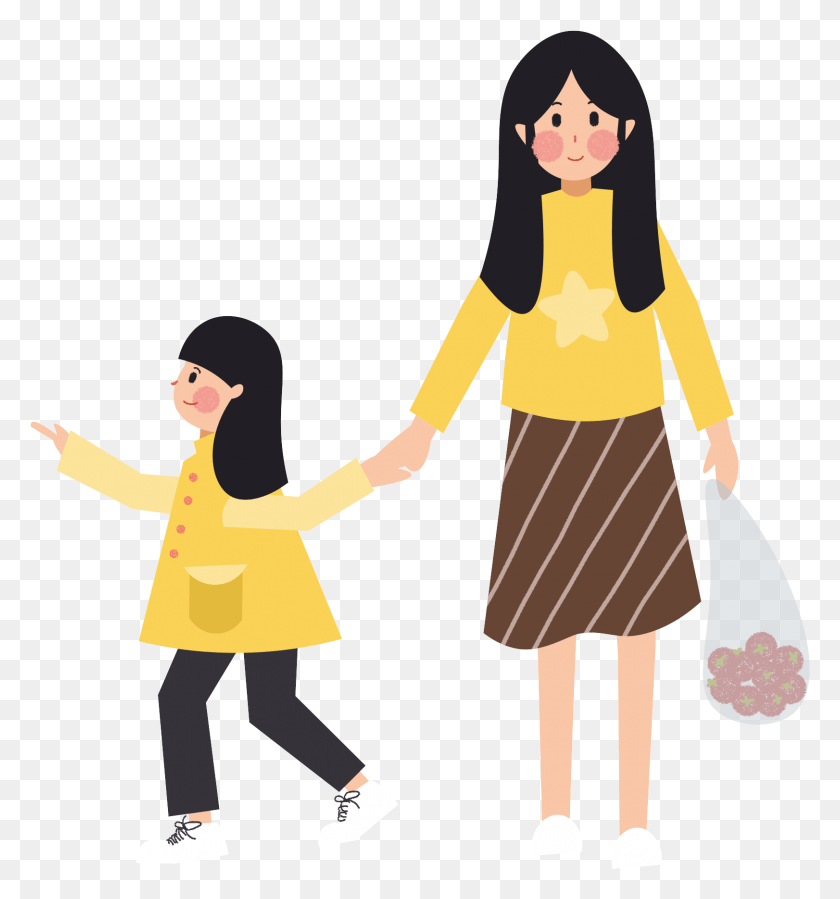 1622x1745 Cartoon Simple Girl Mother And Psd Daughter, Person, Human, People HD PNG Download