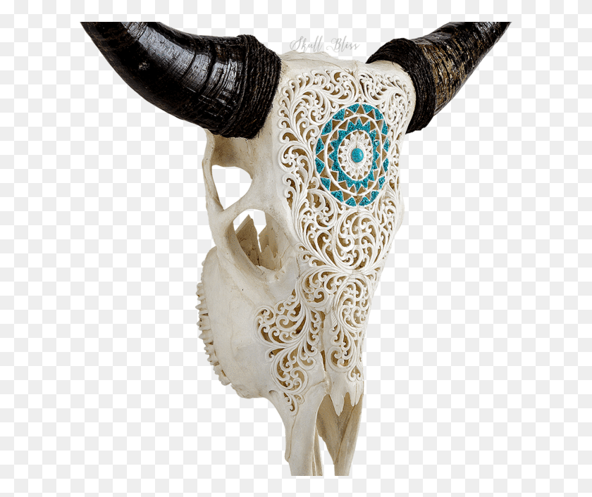 615x646 Carved Cow Skull Xl Horns Art Skull Turquoise, Hip, Animal, Person HD PNG Download