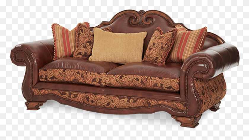 867x459 Carved Frame Brown Leather Patterned Fabric High Back High Back Couch, Furniture, Cushion, Pillow Descargar Hd Png