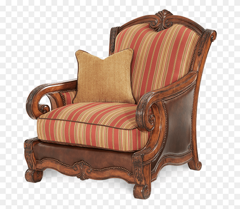 678x673 Carved Frame Brown Leather Red Stripe Patterned Fabric Michael Amini Chair, Furniture, Armchair Descargar Hd Png