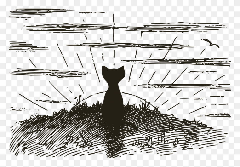 2400x1615 Cat Looking At The Sunrise Clip Art Black And White Illustration, Piano, Leisure Activities, Musical Instrument HD PNG Download