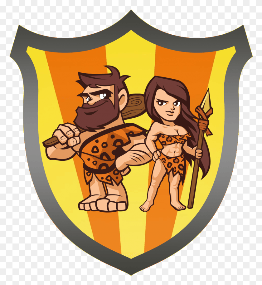 951x1041 Descargar Png El Hombre De Las Cavernas Y La Mujer De Las Cavernas, Escudo, Armadura, Cartel Hd Png