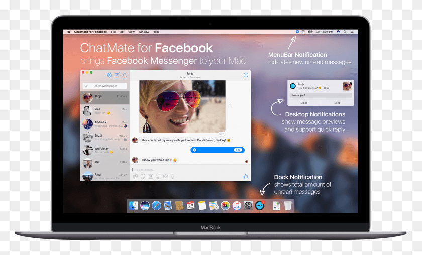 2150x1237 Chatmate For Facebook On Macbook Chatmate For Whatsapp, Sunglasses, Accessories, Accessory HD PNG Download