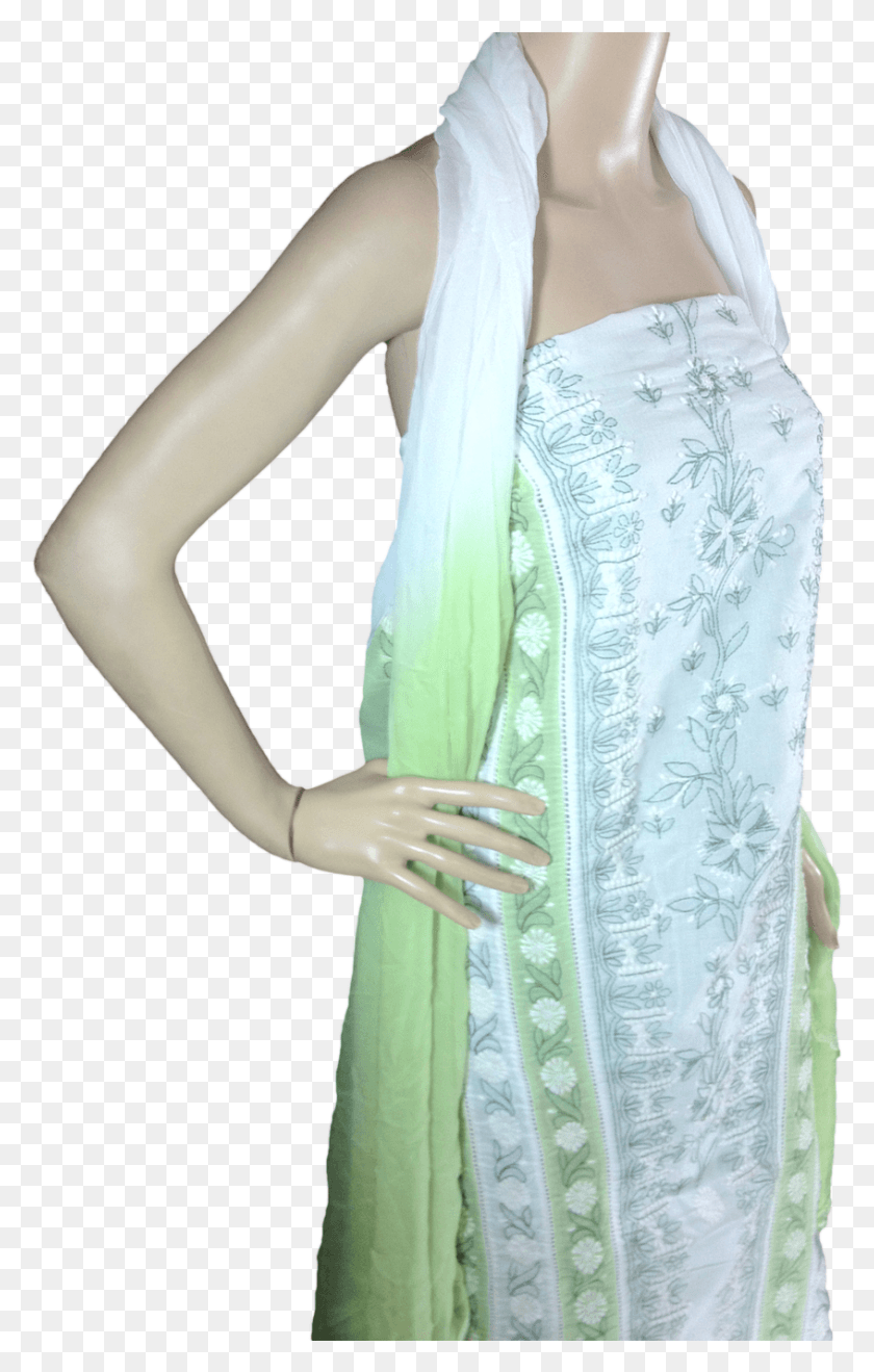 846x1366 Chikan Salwar Suit Dress Material Whit And Green With Gown, Clothing, Apparel, Evening Dress HD PNG Download
