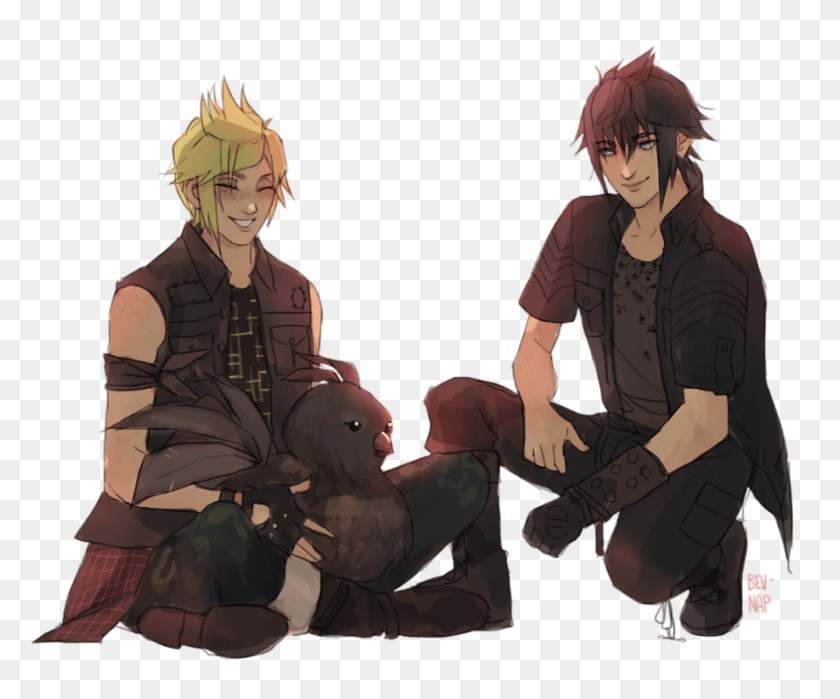 919x753 Chocobros And A Chocobo By Bev Nap Final Fantasy Promptis Chocobo, Person, Human, Helmet HD PNG Download