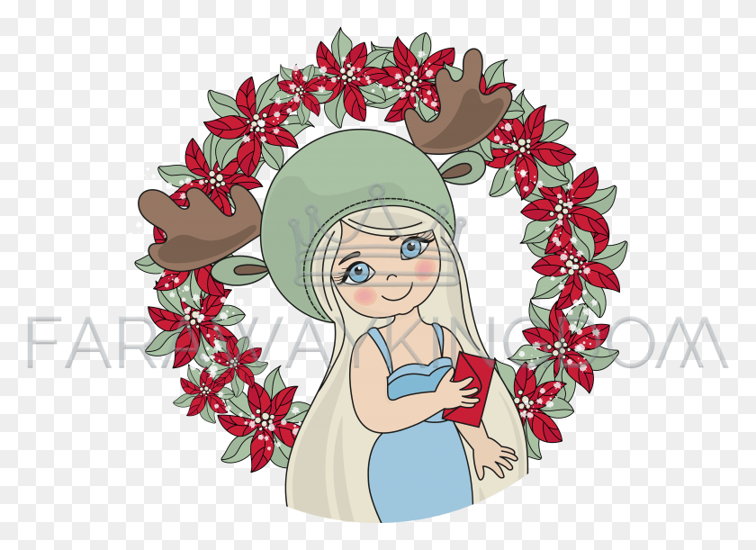 3508x2480 Christmas Girl Portrait Flower Wreath Vector Illustration Retrato Para Nuevo, Graphics, Floral Design HD PNG Download