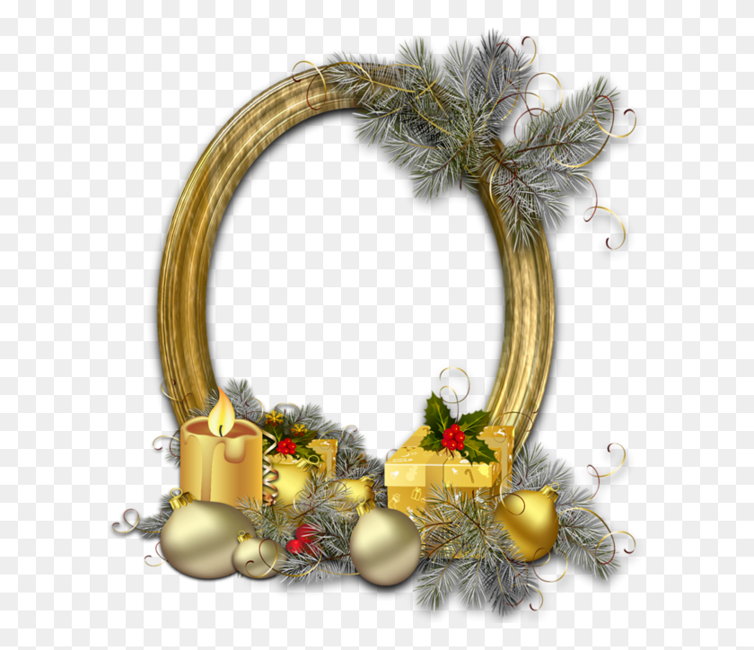 600x664 Christmas Oval Gold Photo Frame With Silver Pine Transparent Background Christmas Frames, Plant, Tree, Floral Design HD PNG Download