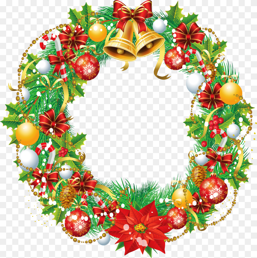 3366x3378 Christmas Wreath Cartoon Santa Claus Stock Illustration Round Christmas Wreath, Clothing, Shirt, Jacket, Coat Transparent PNG