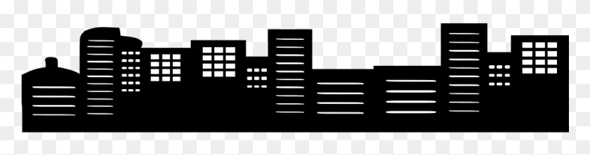 961x199 City Buildings Transparent Images Clipart Icons Black Transparent Building Silhouette, Text, Road, Number HD PNG Download