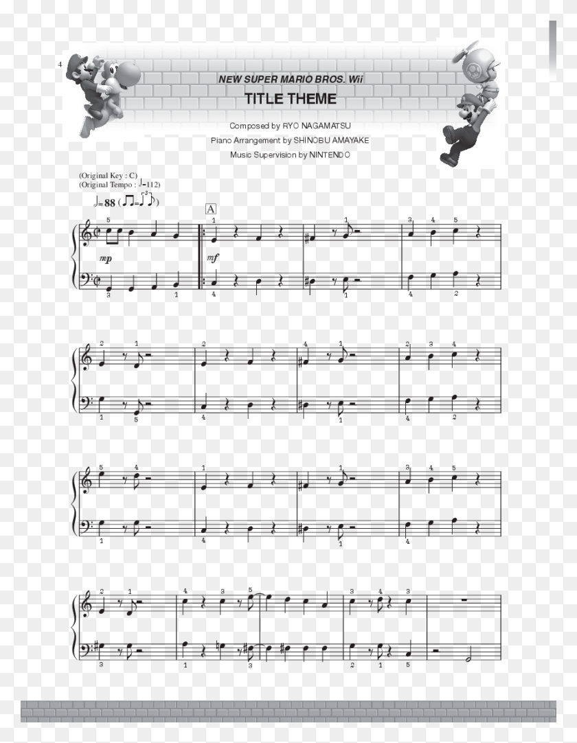 887x1163 Click To Expand Super Mario Bros Wii Thumbnail Easy Beginner Mario Theme Song Piano, Sheet Music HD PNG Download