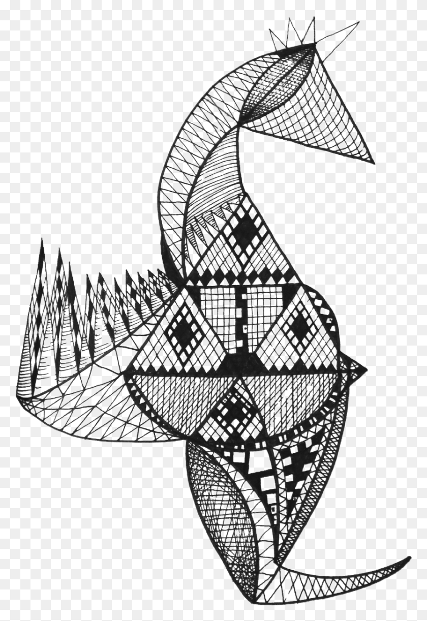 834x1243 Клип-Арт Черно-Белая Библиотека Морской Конек В Технике Дзентангл Асимметричный Рисунок, Животное, Млекопитающее, Стекло Hd Png Скачать