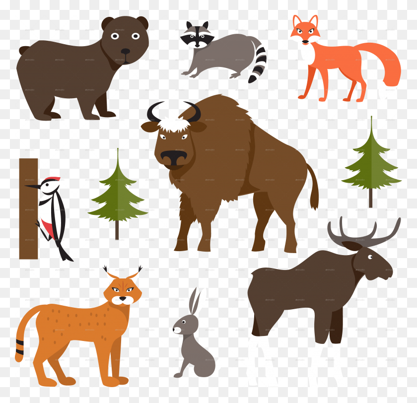 3868x3732 Clipart Free Vector River Cartoon Forest Forest With Animals, Tree, Plant, Mammal Descargar Hd Png