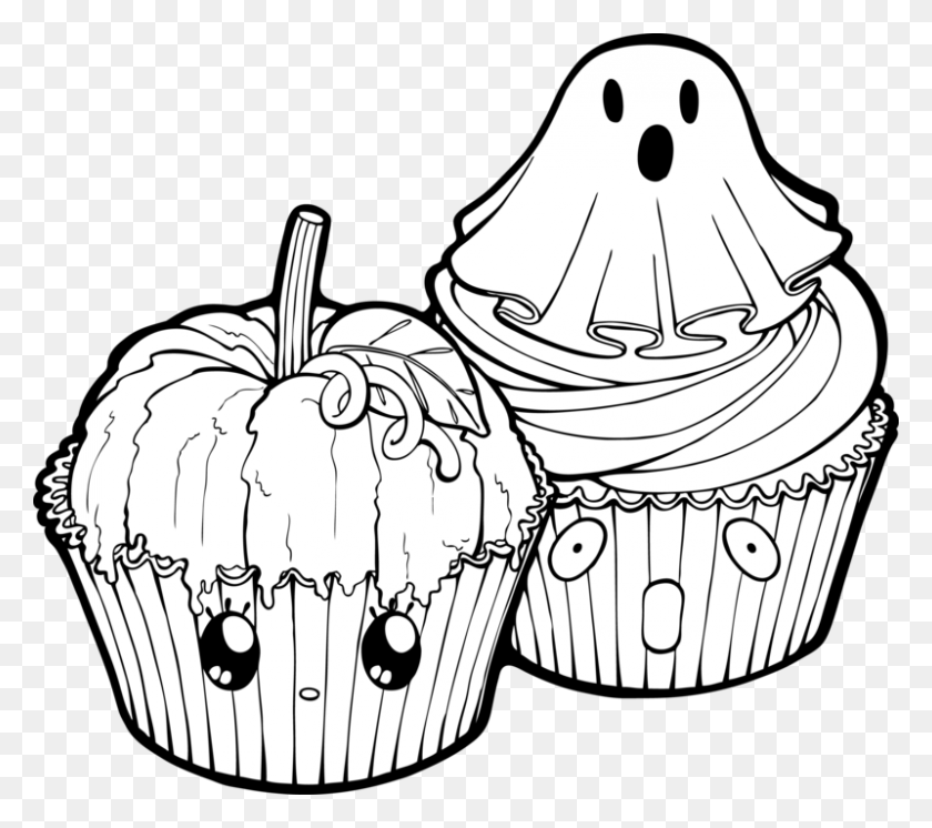 800x704 Clipart Halloween Cup Cake Cupcakes Black And White Clipart, Cupcake, Cream, Dessert HD PNG Download