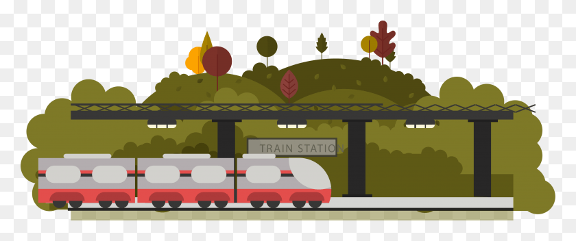 3556x1335 Clipart Train High Quality Train Station Cartoon, Bush, Vegetation, Plant HD PNG Download