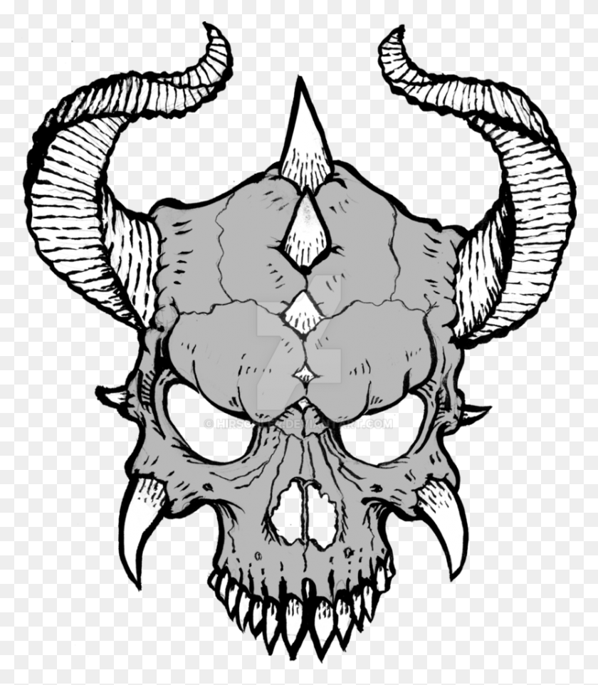 831x961 Collection Of Free Devil Drawing Horn Skull With Horns Drawing, Stencil, Emblem, Symbol HD PNG Download