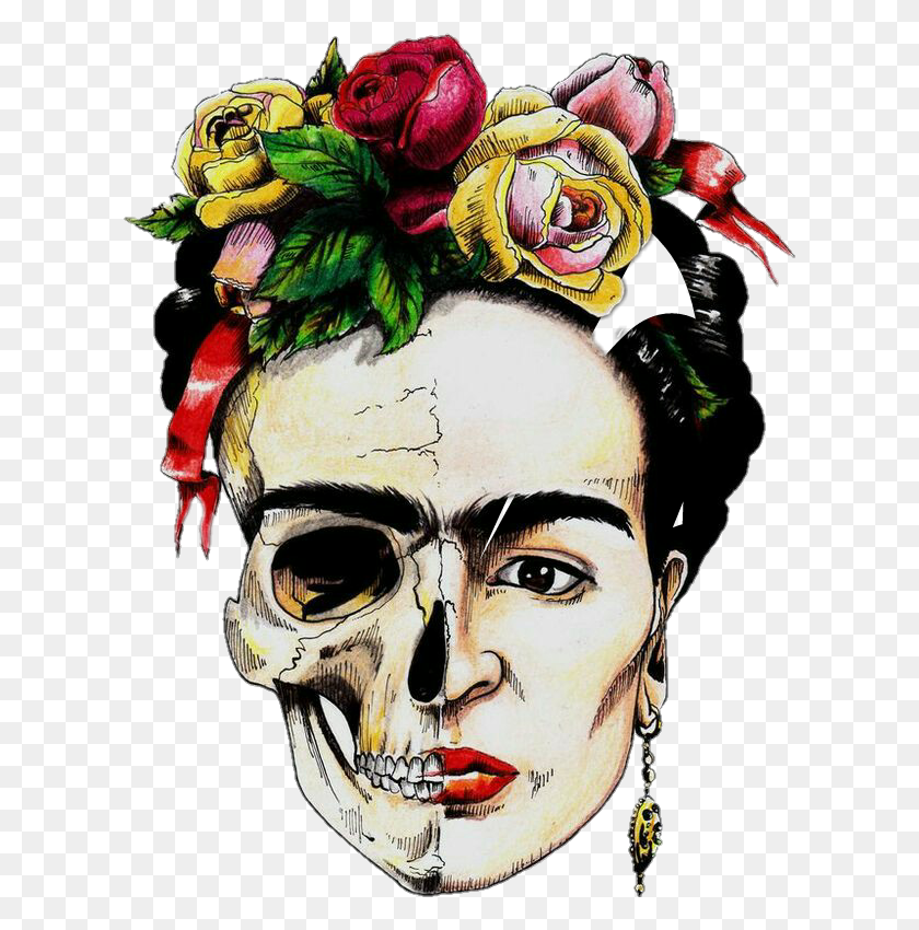 614x790 Colorful Frida Kahlo Fridakahlo Hermosa Mexicanskull Frida Kahlo Retrato Cráneo, Cabeza, Persona Hd Png