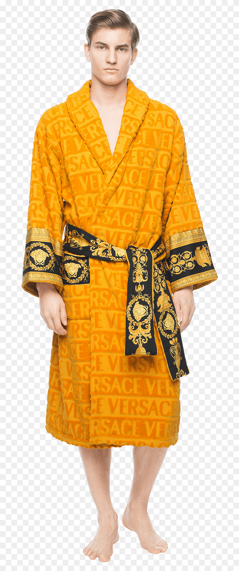 692x1939 Covered In A Faint Textural Versace Logo Print And Gucci Robe And Slippers, Clothing, Apparel, Fashion Descargar Hd Png