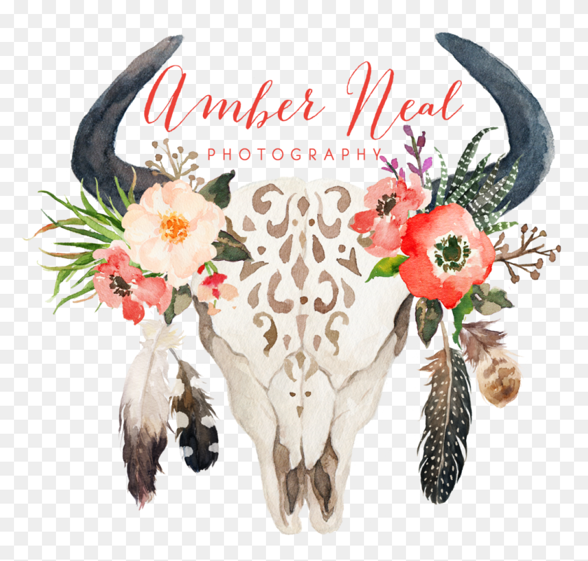 1029x980 Cow Skull With Flowers And Feathers Watercolor Bull Skull With Flowers, Animal HD PNG Download