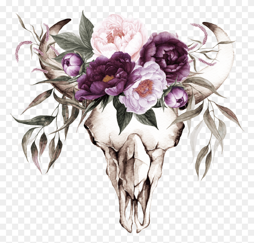 1218x1163 Cow Skull With Purple Flowers Transfer Plum Floral Wedding Invitations, Floral Design, Pattern, Graphics HD PNG Download