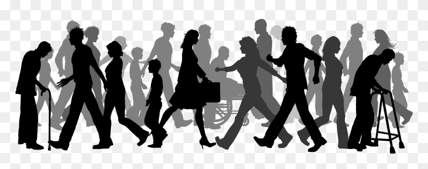 2909x1014 Crowd Walking Black And White Crowd Of People Silhouettes, Person, Audience HD PNG Download