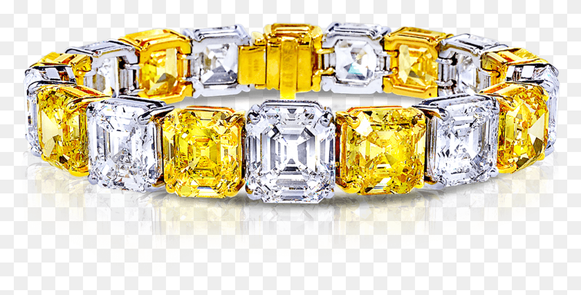 1306x615 Ct Emerald Cut Yellow And White Diamond Bracelet Graff Yellow Diamond Bracelet, Crystal, Wristwatch, Glass HD PNG Download