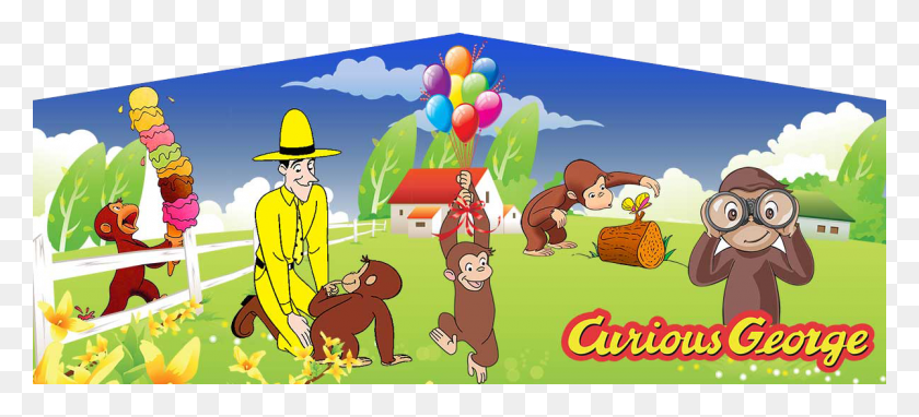 1200x496 Curious George Art Panel For Inflatable Bounce Houses Curious George, Person, Human, Ball HD PNG Download