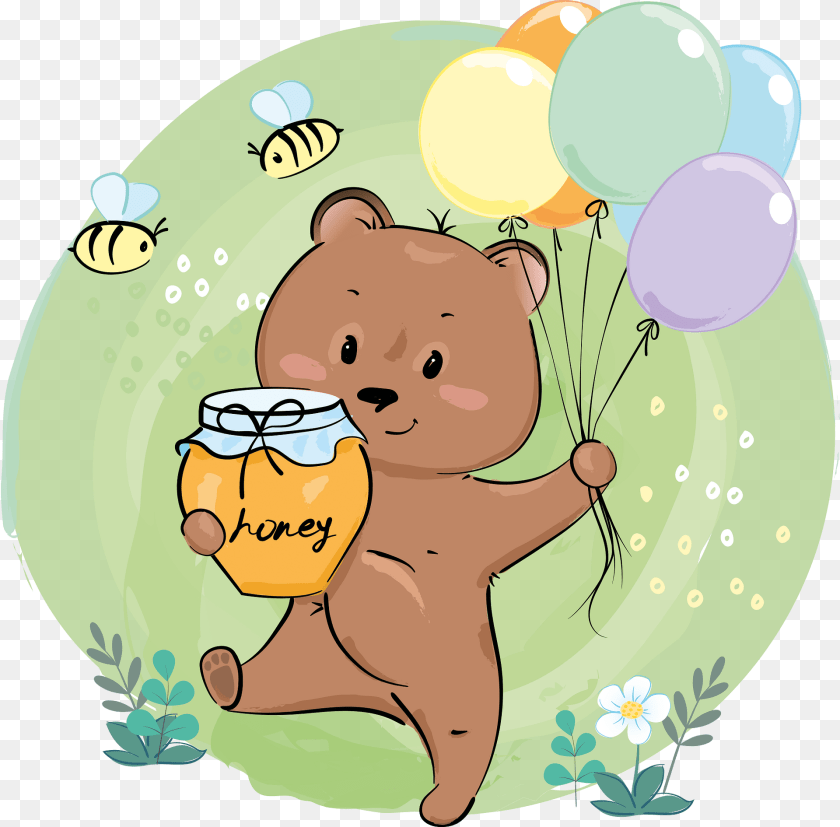 1920x1890 Cute Bear With Honey And Balloons Clipart, Balloon, Face, Head, Person PNG