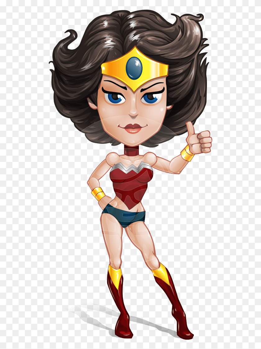 527x1061 Cute Cartoon Girl Superhero Vector Character Aka Lady Wonder Woman Thumbs Up, Doll, Toy, Person HD PNG Download