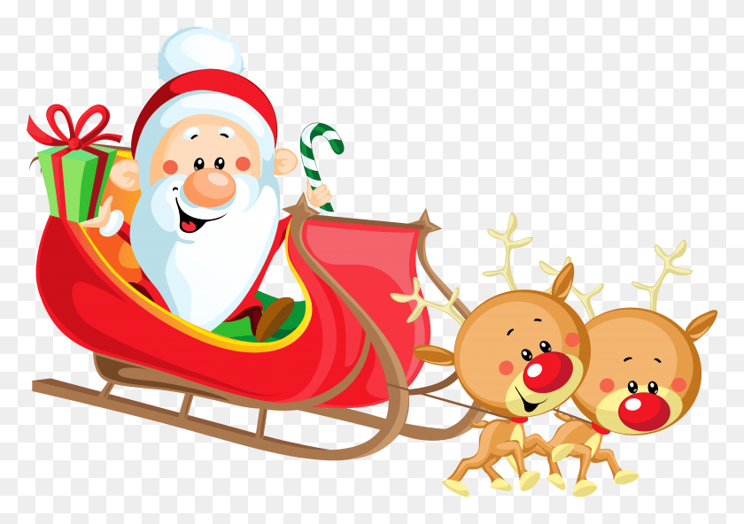 6143x4195 Cute Santa With Sleigh Cartoon, Sled, Graphics HD PNG Download