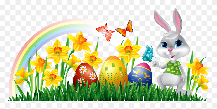4955x2308 Daffodils Clipart Easter Bunny With Eggs Clipart, Food, Egg, Easter Egg HD PNG Download