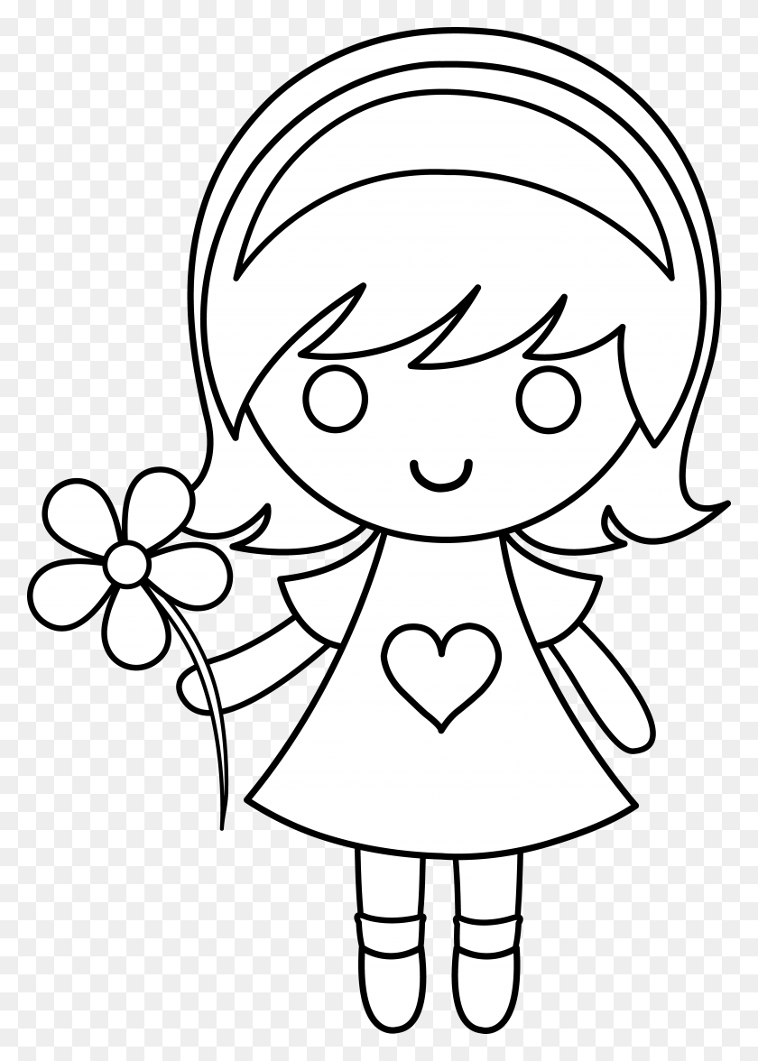 4536x6495 Daisy Girl Colorable Line Art Little Girl Drawing, Stencil HD PNG Download