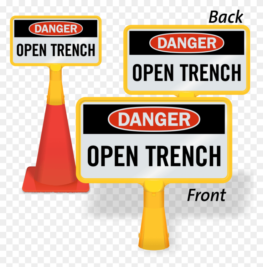 785x798 Danger Open Trench Coneboss Sign Open Trench Cone Sign, Symbol, Fence, Road Sign HD PNG Download