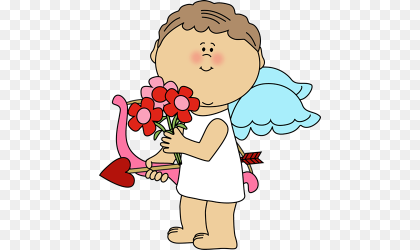 444x500 Day Cupid With Flowers Clip Art Valentines Day Clipart Cupid, Baby, Person, Face, Head Sticker PNG